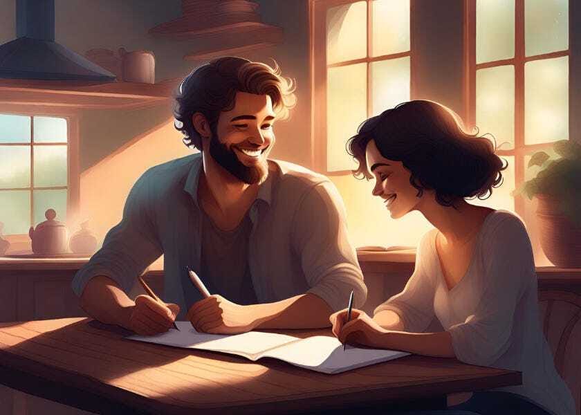 Onírica imagen de una joven pareja tomando notas en libretas en una cocina ideal. Él es más joven que yo y ella menos guapa de lo que es mi mujer.