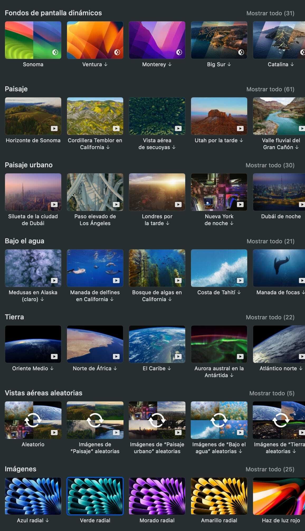 Colecciones de fondos de pantalla de MacOS Sonoma: Dinámicos, Paisaje, Paisaje urbano, Bajo el agua, Tierra, Vistas aéreas aleatorias